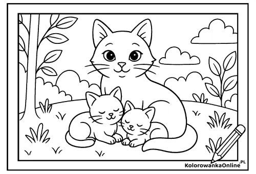 Kolorowanka online Kotka z kociętami