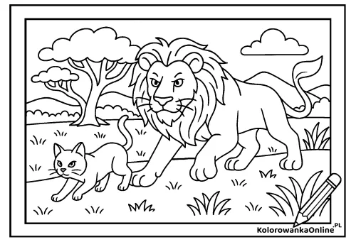 Kolorowanka online Kot i lew na sawannie
