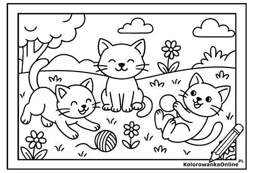 Kolorowanka online Trzy kotki na łące