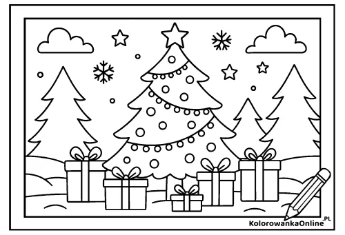 Kolorowanka online Choinka w lesie z prezentami