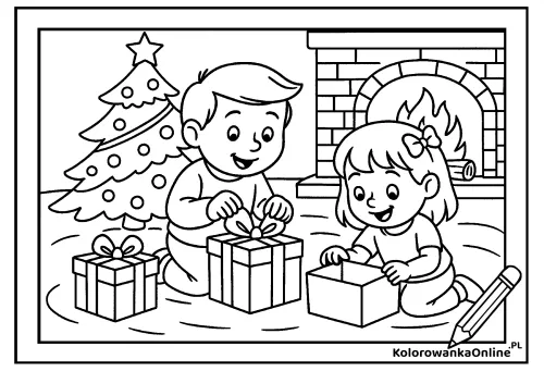 Kolorowanka online Otwieranie prezentów przy choince