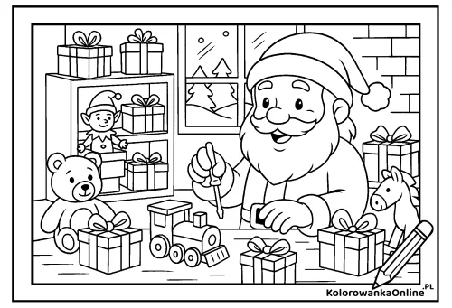 Kolorowanka online Mikołaj szykuje prezenty